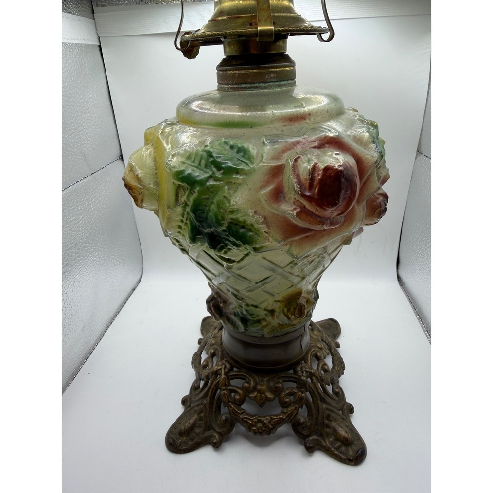 Antique Embossed Rose Glass Oil Lamp Base Ornate Cast Metal Footed Stand 271